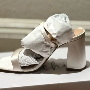 Elegant Ivory Satin Block  Heel Sandals